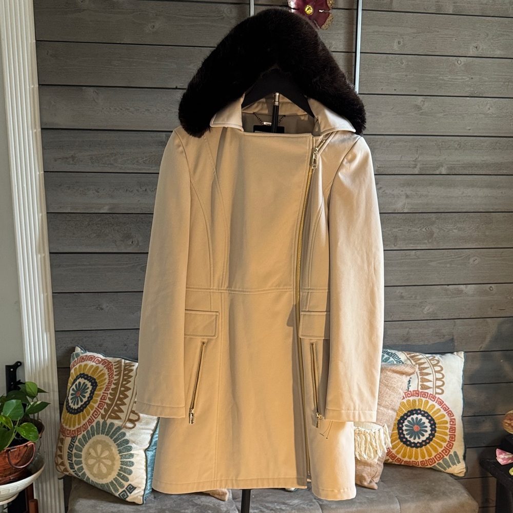 Ivanka Trump Cream Trench Coat with Dark Brown Collar - Picture 2 of 5